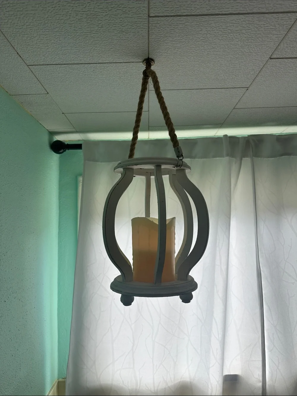 Charming Shabby Chic Distressed White Wooden Hanging Lantern with LED Candle